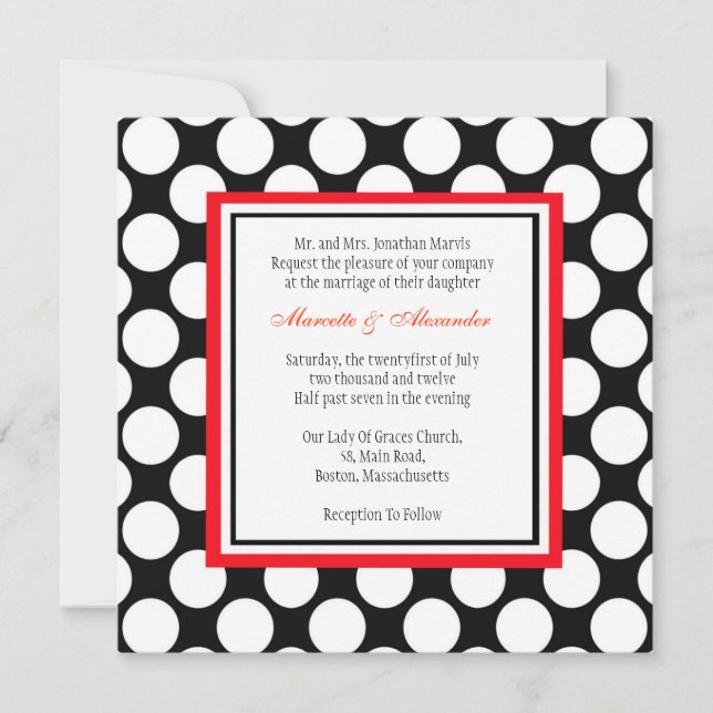 Invitación a la boda de puntos de polka rojo y neg (Anverso)