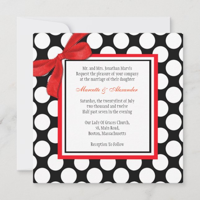 Invitación a la boda de puntos de polka rojo y neg (Anverso)
