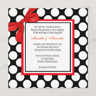Invitación a la boda de puntos de polka rojo y neg