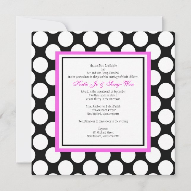 Invitación a la boda de puntos de polka rosa y neg (Anverso)