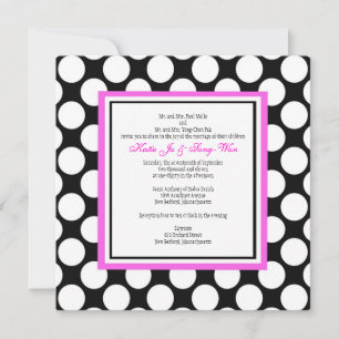 Invitación a la boda de puntos de polka rosa y neg