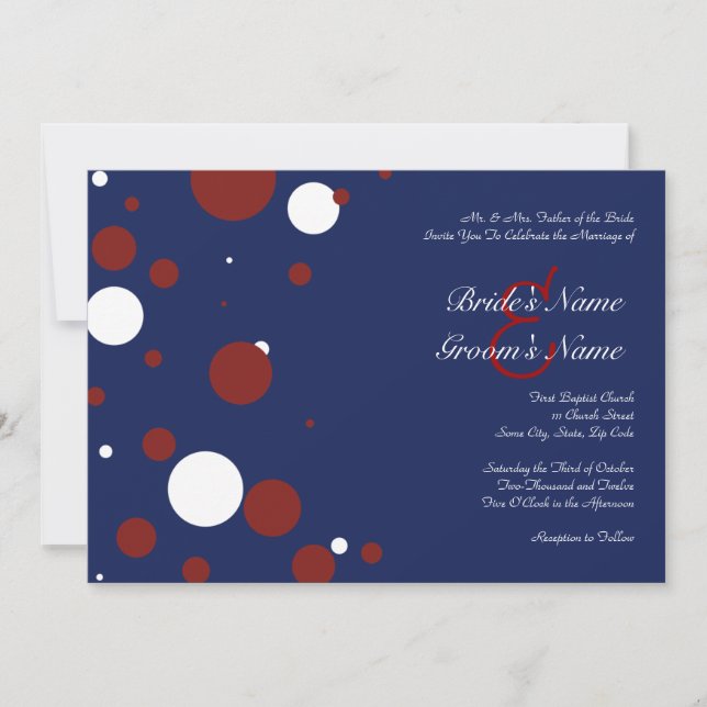 Invitación a la boda de puntos del polka rojo, bla (Anverso)