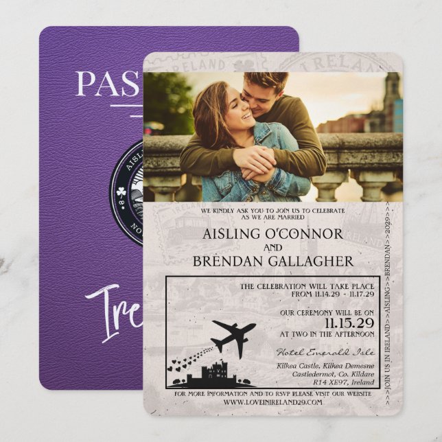 Invitación a la boda de Púrpura Ireland Passport (Anverso / Reverso)