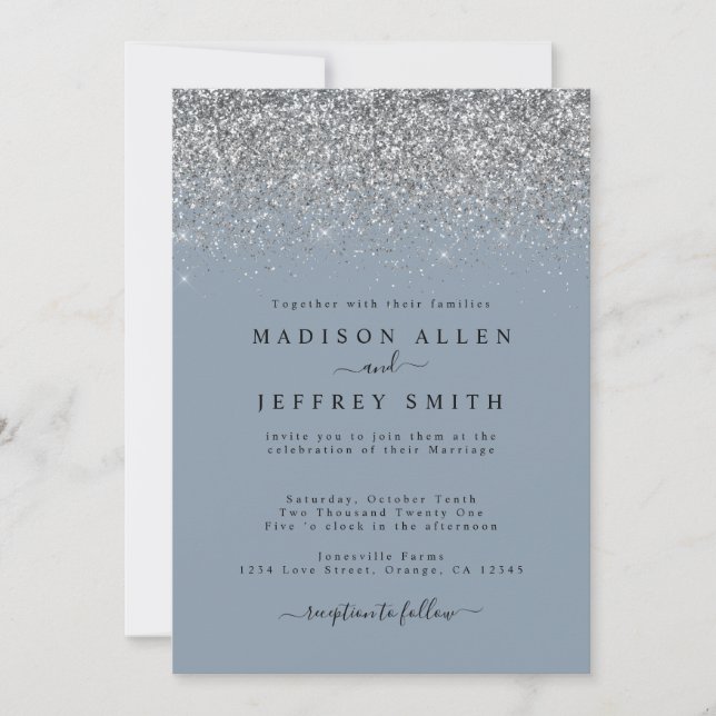 Invitación a la boda de Purpurina azul y plateado  (Anverso)