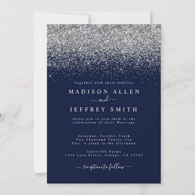 Invitación a la boda de Purpurina azul y plateado  (Anverso)