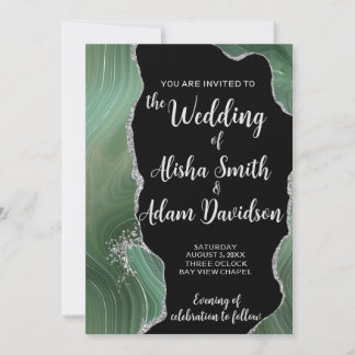 Invitación a la boda de Purpurina de plata verde a