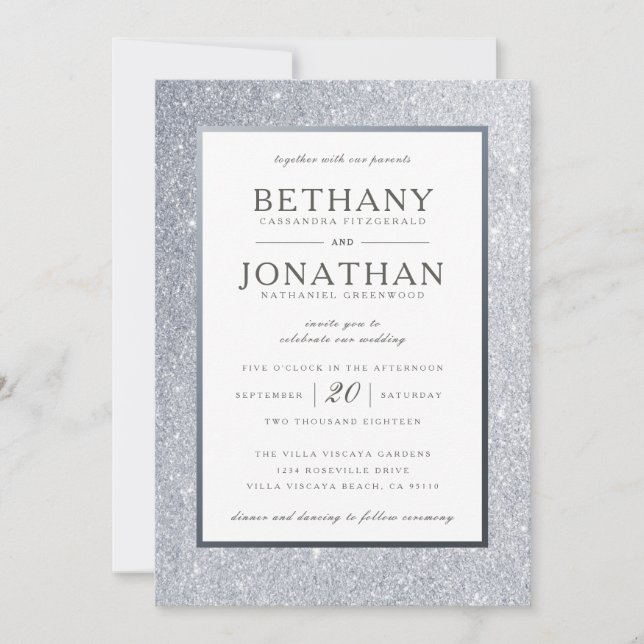 Invitación a la boda de Purpurina plateado (Anverso)