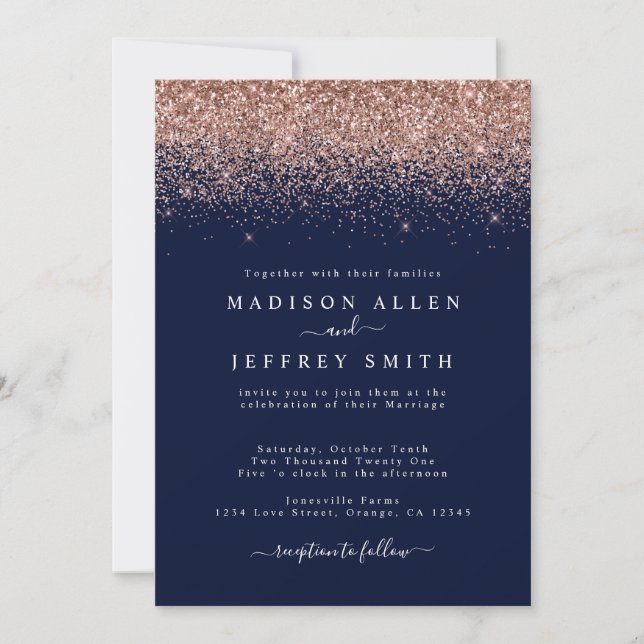 Invitación a la boda de Purpurinas de oro azul y R (Anverso)