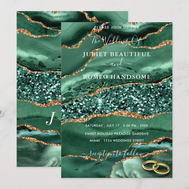 Invitación a la boda de Purpurinas de oro verde es (Anverso / Reverso)