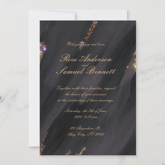Invitación a la boda de Purpurinas negros (Anverso)