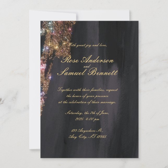 Invitación a la boda de Purpurinas negros (Anverso)