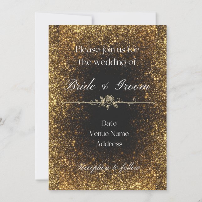 Invitación a la boda de Purpurinas negros y dorado (Anverso)