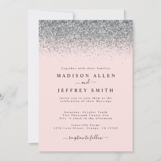 Invitación a la boda de Purpurinas rosados y plate (Anverso)