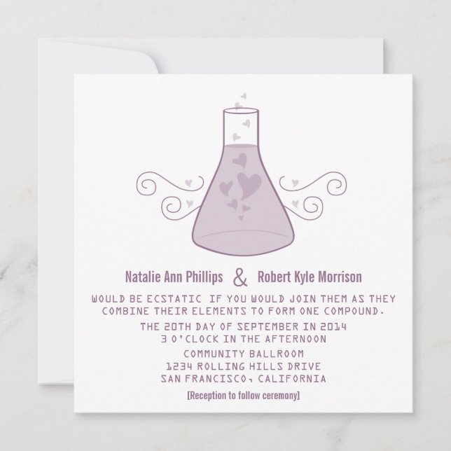 Invitación a la boda de química dulce morado (Anverso)