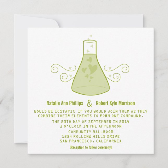 Invitación a la Boda de Química Dulce Verde (Anverso)