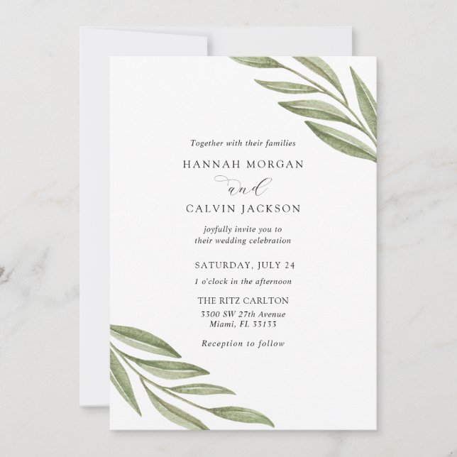 Invitación a la boda de ramas de verde simples (Anverso)