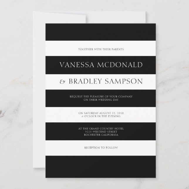 Invitación a la boda de rayas blancas y negras. (Anverso)