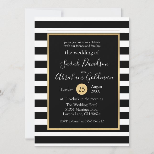 Invitación a la boda de rayas blancas y negras (Anverso)