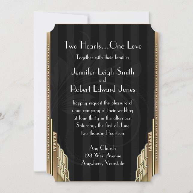 Invitación a la boda de rayas de oro Art Deco (Anverso)