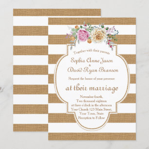 Invitación a la boda de rayas florales rusticas