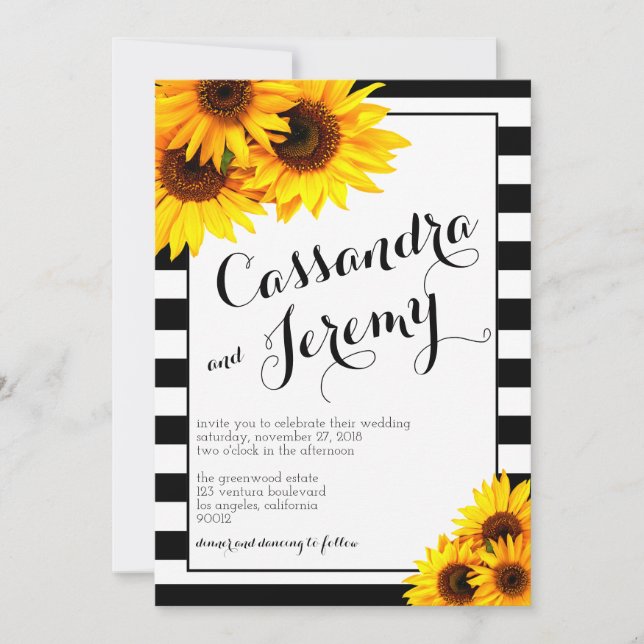 Invitación a la boda de rayas y girasoles amarillo (Anverso)