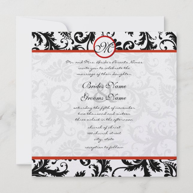 Invitación a la boda de Red Trim Black Damask Swir (Anverso)