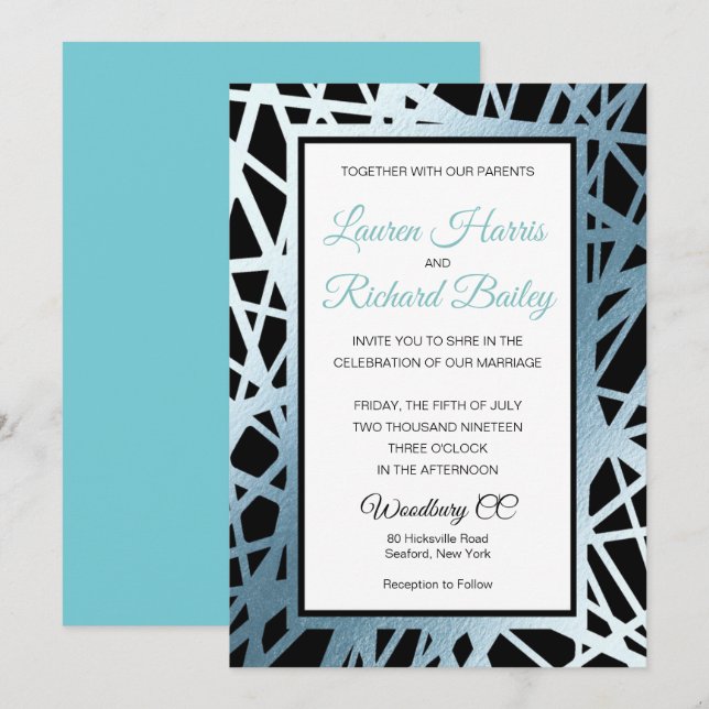 Invitación a la boda de Relieve metalizado azul y  (Anverso / Reverso)