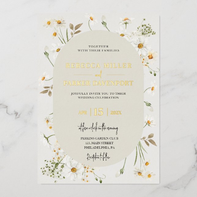 invitación a la boda de Relieve metalizado dorado  (Anverso)
