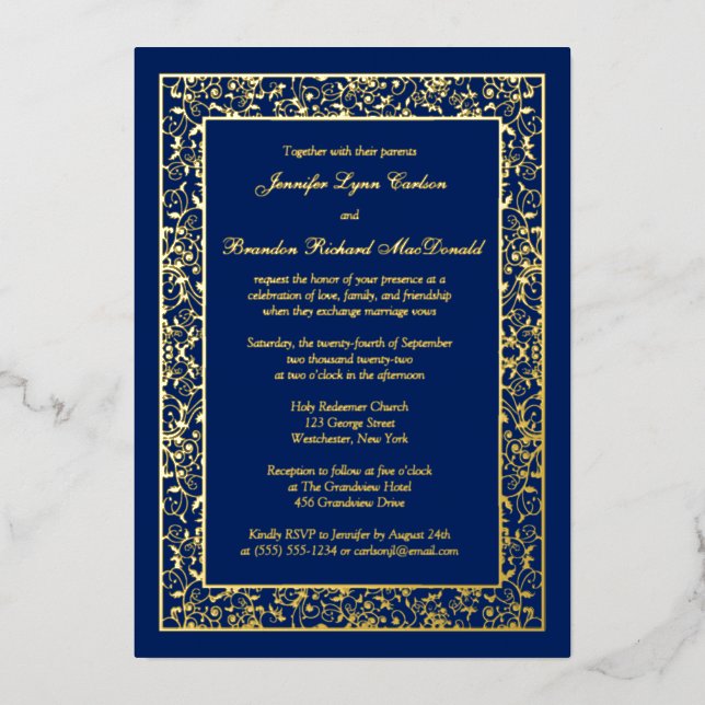 Invitación a la boda de Relieve metalizado dorado  (Anverso)