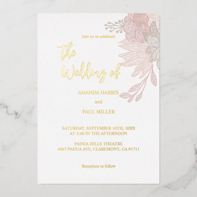 Invitación a la boda de Relieve metalizado floral  (Anverso)
