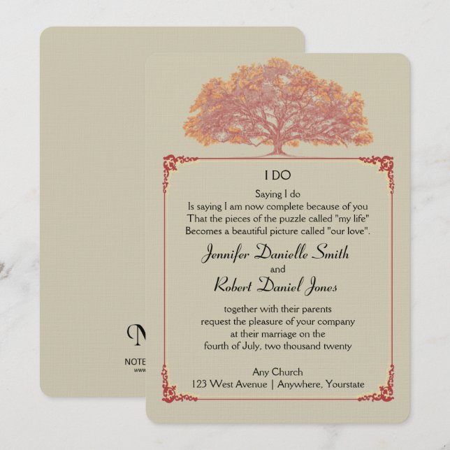 Invitación a la boda de roble otoñal (Anverso / Reverso)