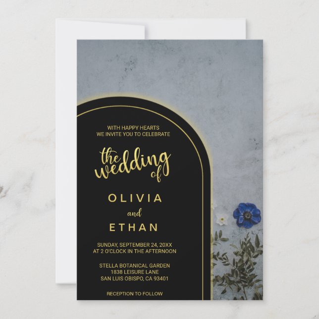 Invitación a la boda de rosa azul rústico negro y  (Anverso)