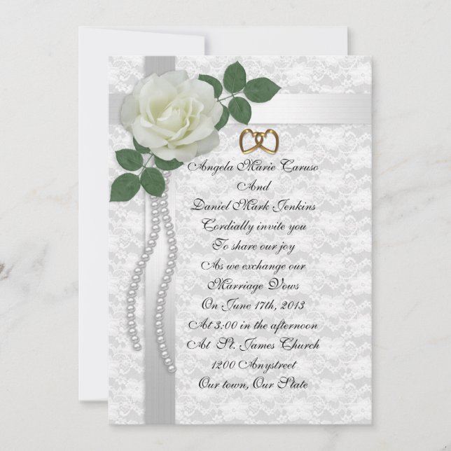 Invitación a la boda de rosa blanco y encaje (Anverso)