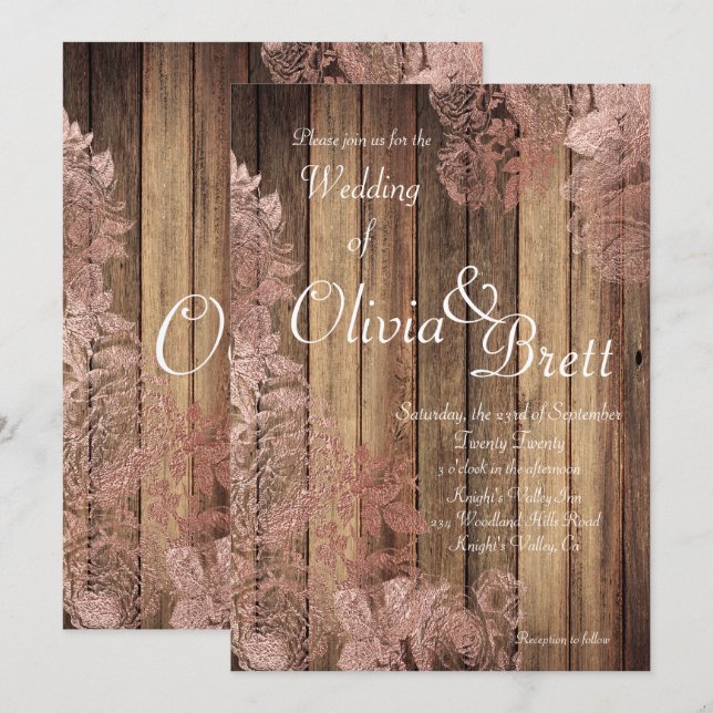 Invitación a la boda de Rosa de madera rústica (Anverso / Reverso)