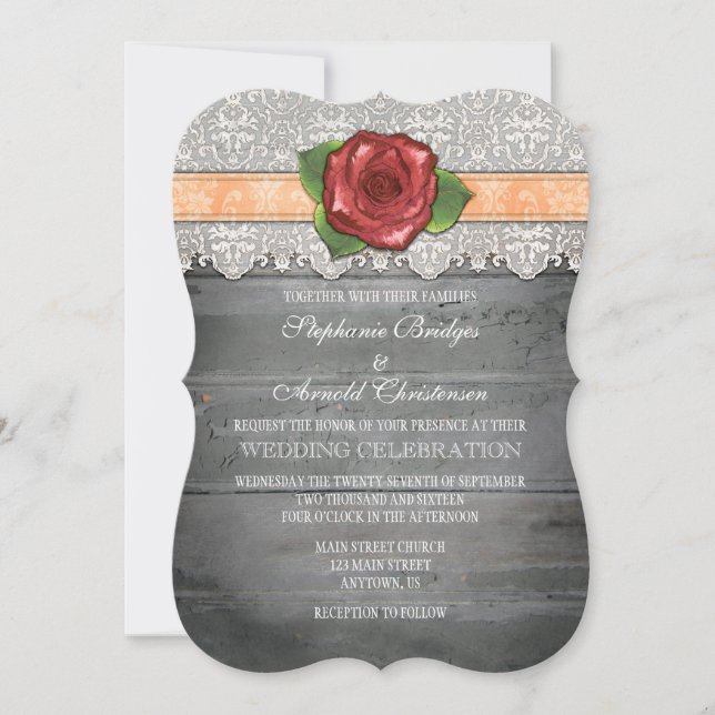 Invitación a la boda de Rosa de Madera Rústica Gri (Anverso)