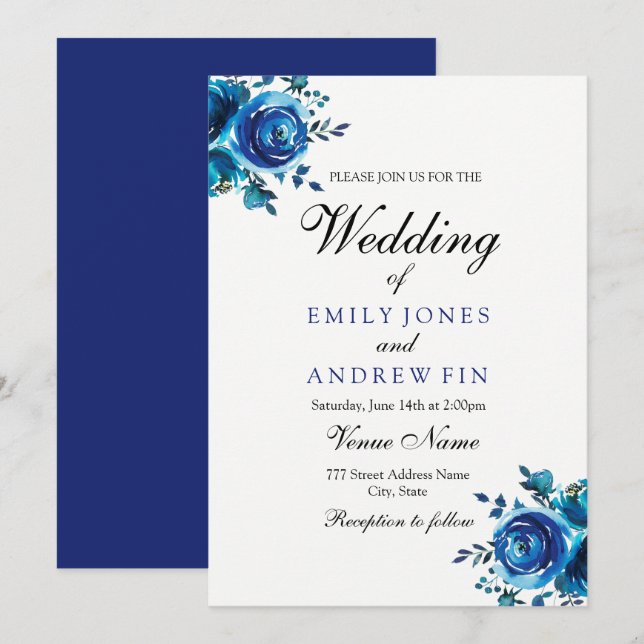 Invitación a la boda de Rosa floral azul de median (Anverso / Reverso)