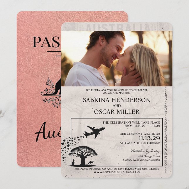 Invitación a la boda de Rosa Gold Australia Passpo (Anverso / Reverso)