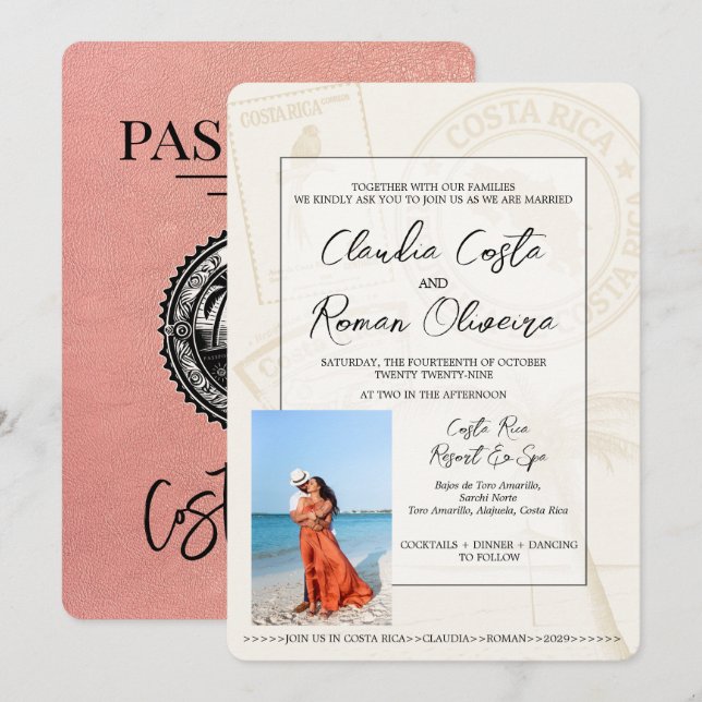 Invitación a la boda de Rosa Gold Costa Rica Passp (Anverso / Reverso)