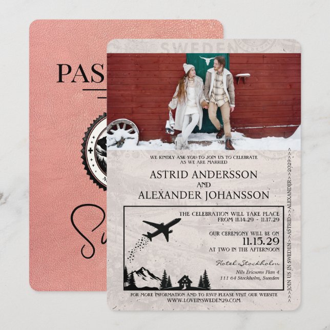 Invitación a la boda de Rosa Gold de Suecia Passpo (Anverso / Reverso)