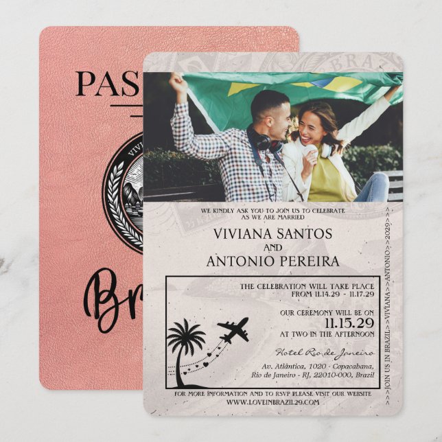 Invitación a la boda de Rosa Gold en Brasil (Anverso / Reverso)