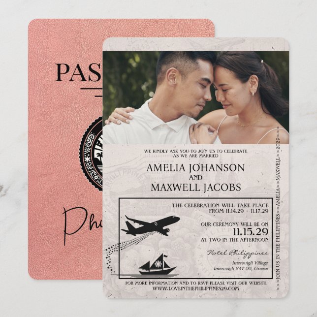 Invitación a la boda de Rosa Gold Filipinas Passpo (Anverso / Reverso)