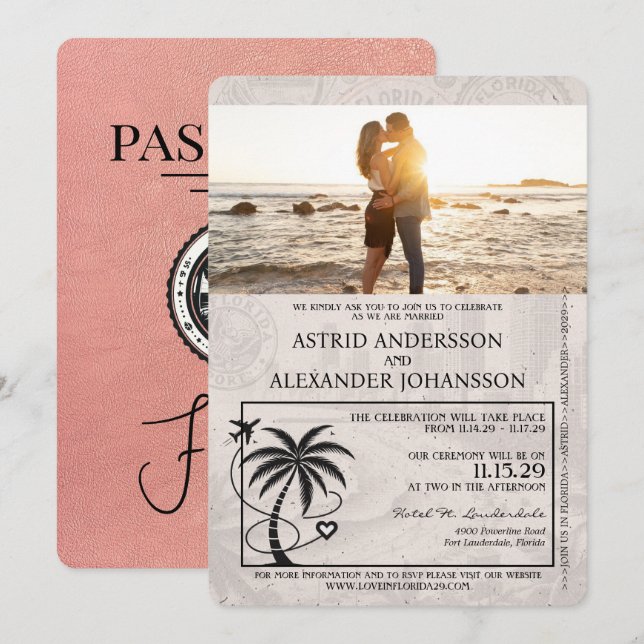 Invitación a la boda de Rosa Gold Florida Passport (Anverso / Reverso)