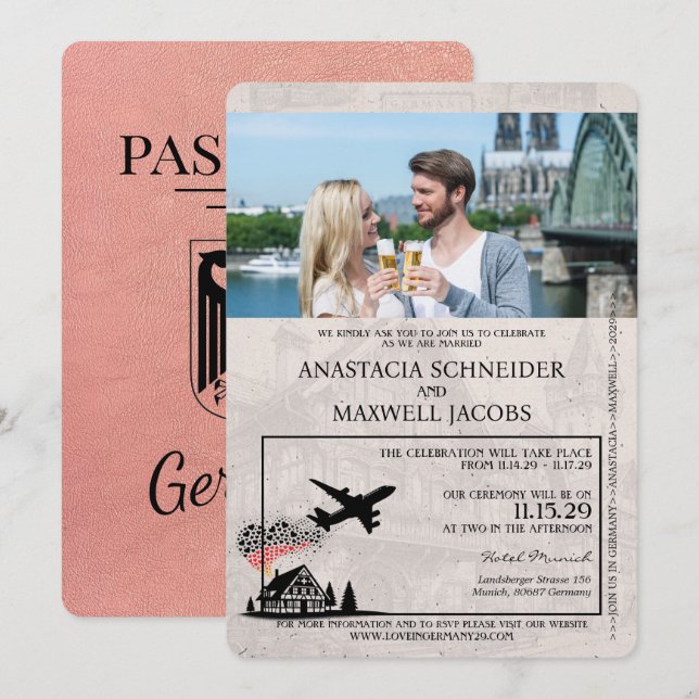 Invitación a la boda de Rosa Gold Germany Passport (Anverso / Reverso)