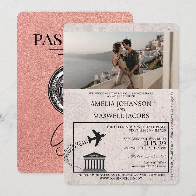 Invitación a la boda de Rosa Gold Greece Passport (Anverso / Reverso)