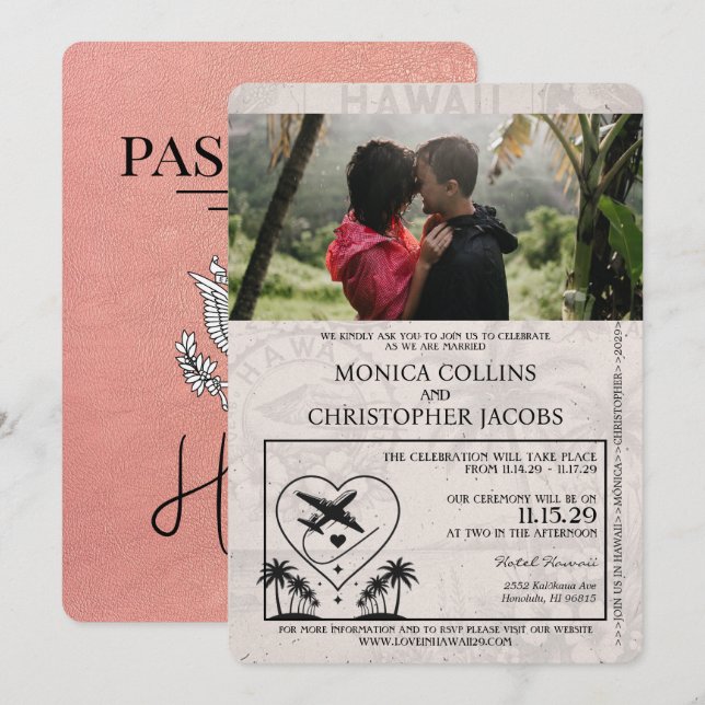 Invitación a la boda de Rosa Gold Hawaii Passport (Anverso / Reverso)