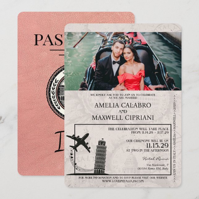 Invitación a la boda de Rosa Gold Italy Passport (Anverso / Reverso)