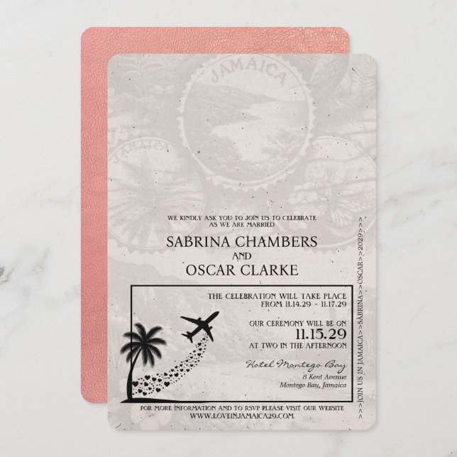 Invitación a la boda de Rosa Gold Jamaica Passport (Anverso / Reverso)