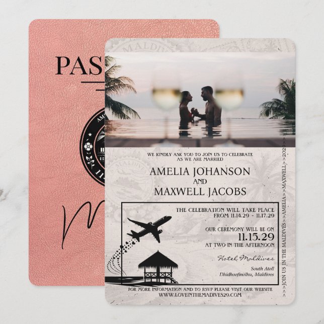 Invitación a la boda de Rosa Gold Maldives (Anverso / Reverso)