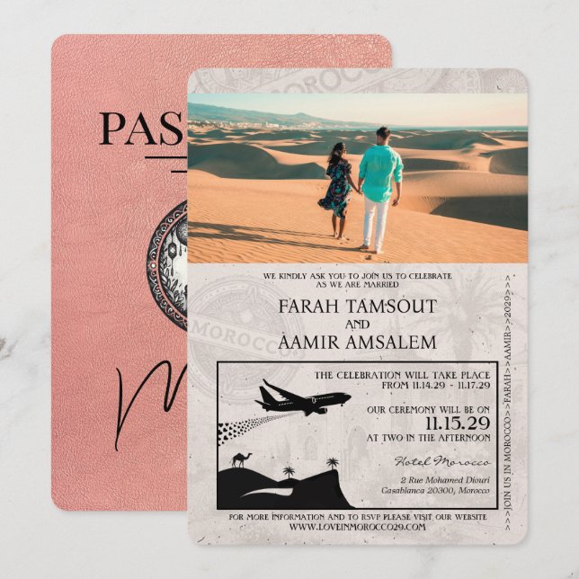 Invitación a la boda de Rosa Gold Morocco Passport (Anverso / Reverso)