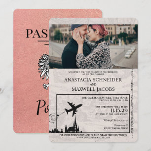 Invitación a la boda de Rosa Gold Poland Passport
